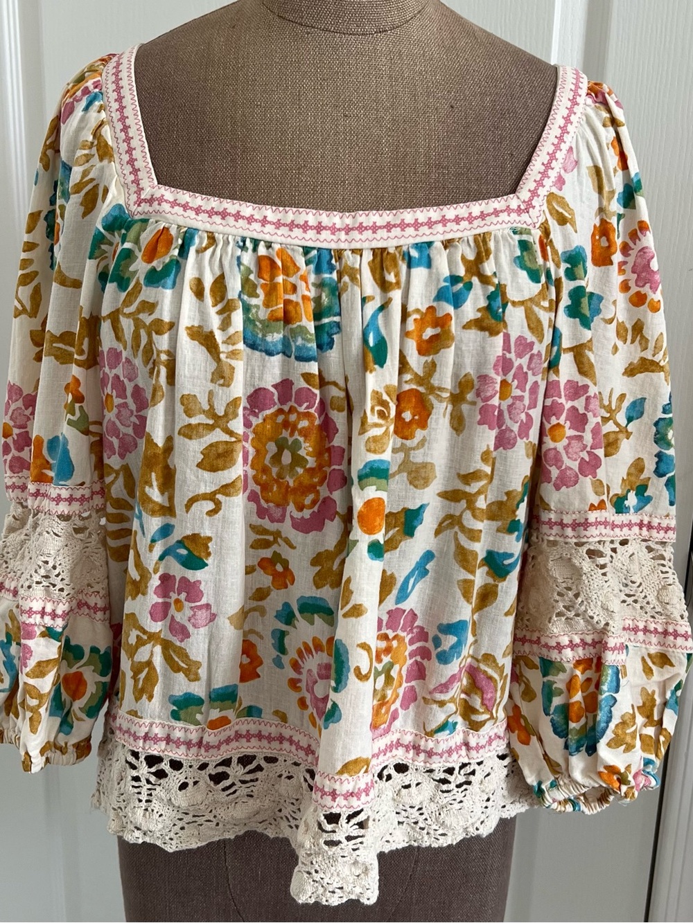 Christian Siriano-Cream Floral Square-Neck Blouse with Pink, Teal & Mustard